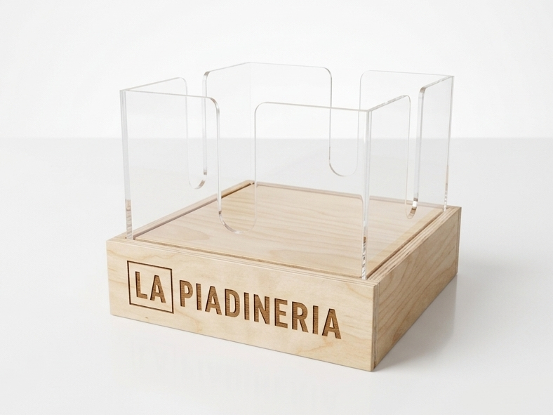 espositore banco in legno con contenitore in plexiglass